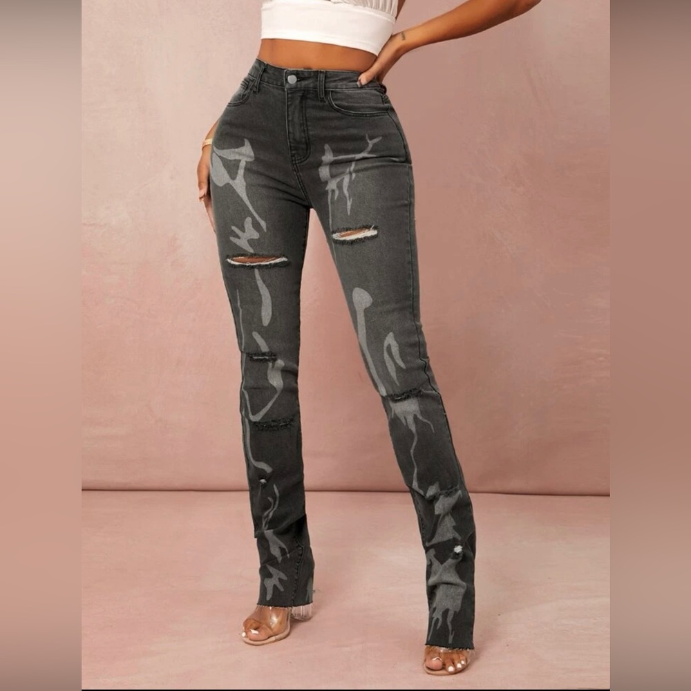 SHEIN high waist straight leg pants, gray, long pants.